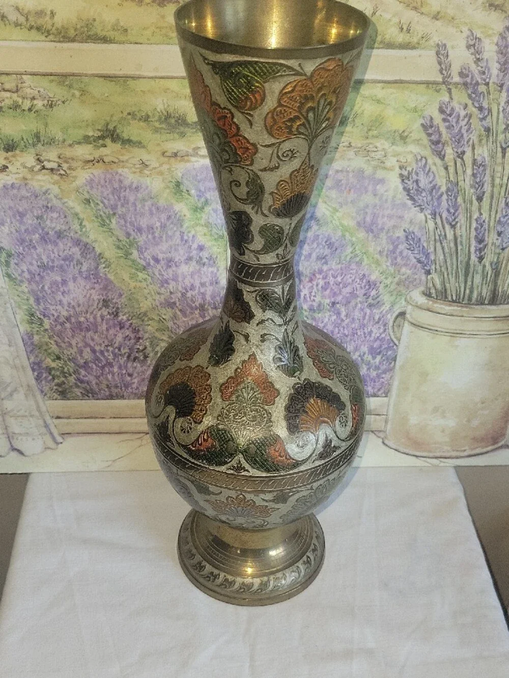 Vintage Penco Industries Brass Vase Enameled Etched Floral India Boho 1970s 14.5